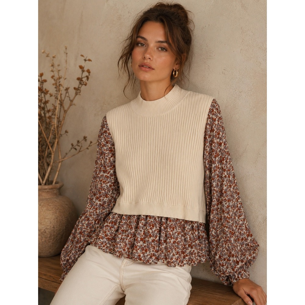 THML Mixed Media Chiffon Sweater Top XS Cream Rust Floral Ribbed Boho Cottage